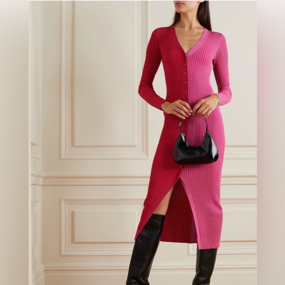 STAUD Shoko Two-Tone Metallic Ribbed Knit Midi Dress – Screen-Worn XS